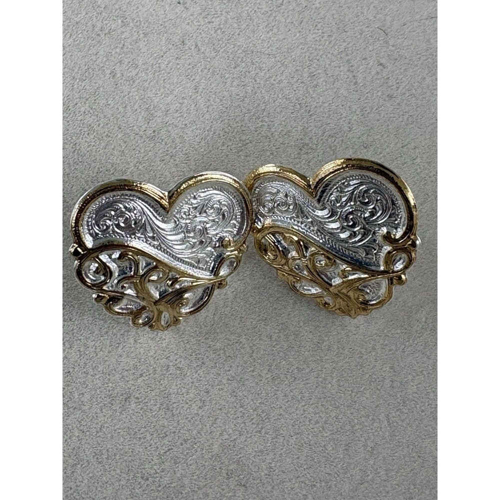 Vintage Silver Gold Two Tone Engraved Western Heart Earrings Boho Cowgirl Studs